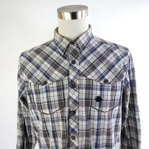 Artful Dodger Mens Cotton LS Button Up Light Gray Navy Blue Plaid Shirt Size XXL